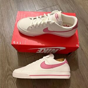 Nike White Sneakers with Pink Swoosh and Heel Accents